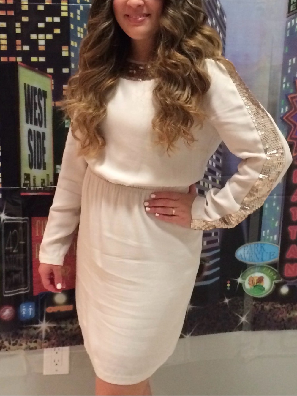 BCBG Max Azria Cream Sequin-Trim Dress — Size M